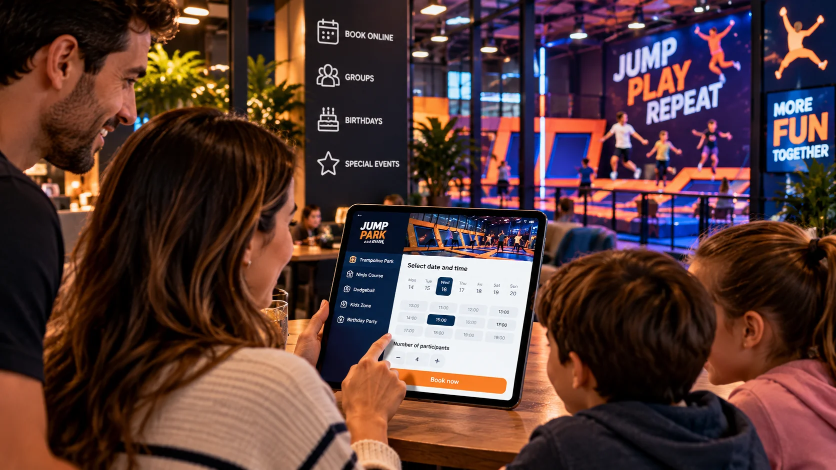 Family booking a trampoline park activity on a tablet