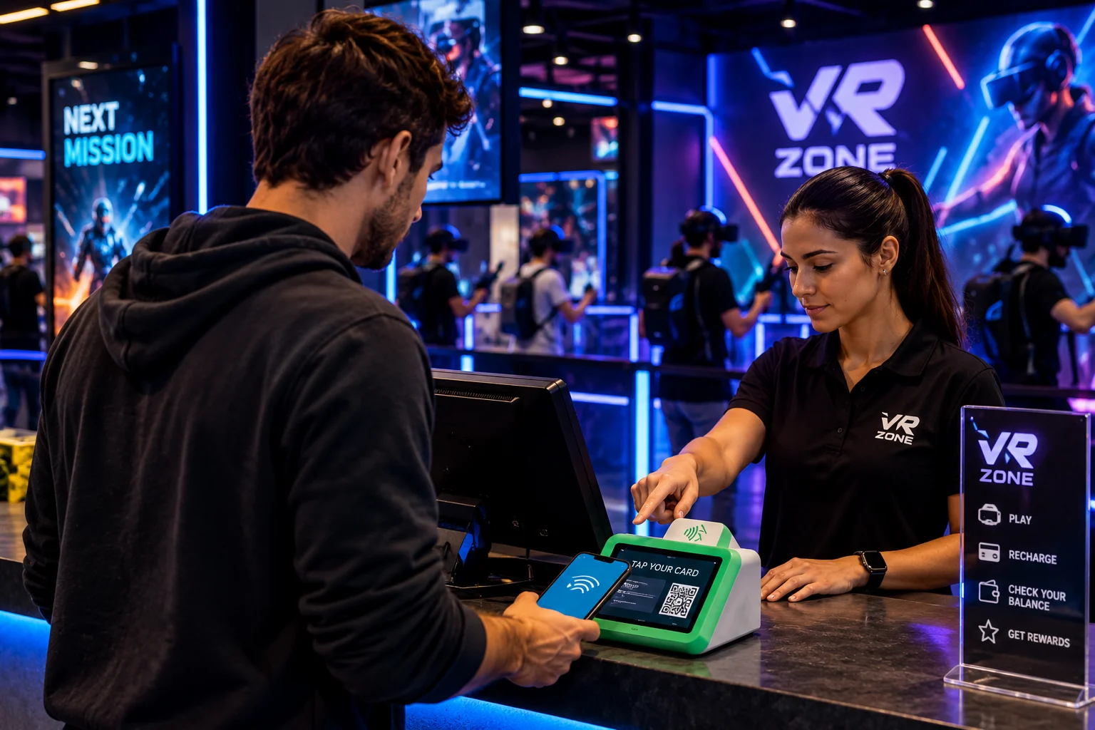 Customer holding a phone beside an NFC payment terminal at a virtual reality venue