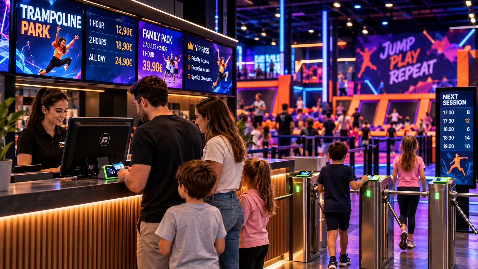 Family paying at a trampoline park reception beside access gates