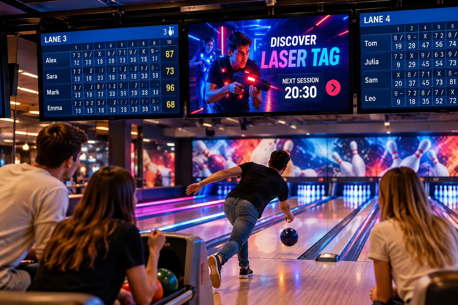 Bowling scores and a laser tag promotion displayed on venue screens