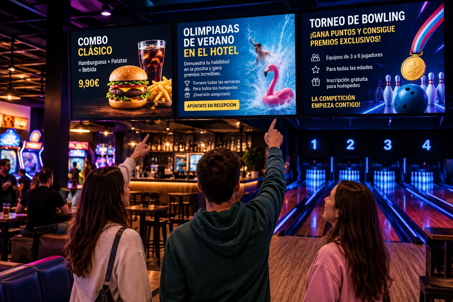 Customers viewing promotional screens above bowling lanes