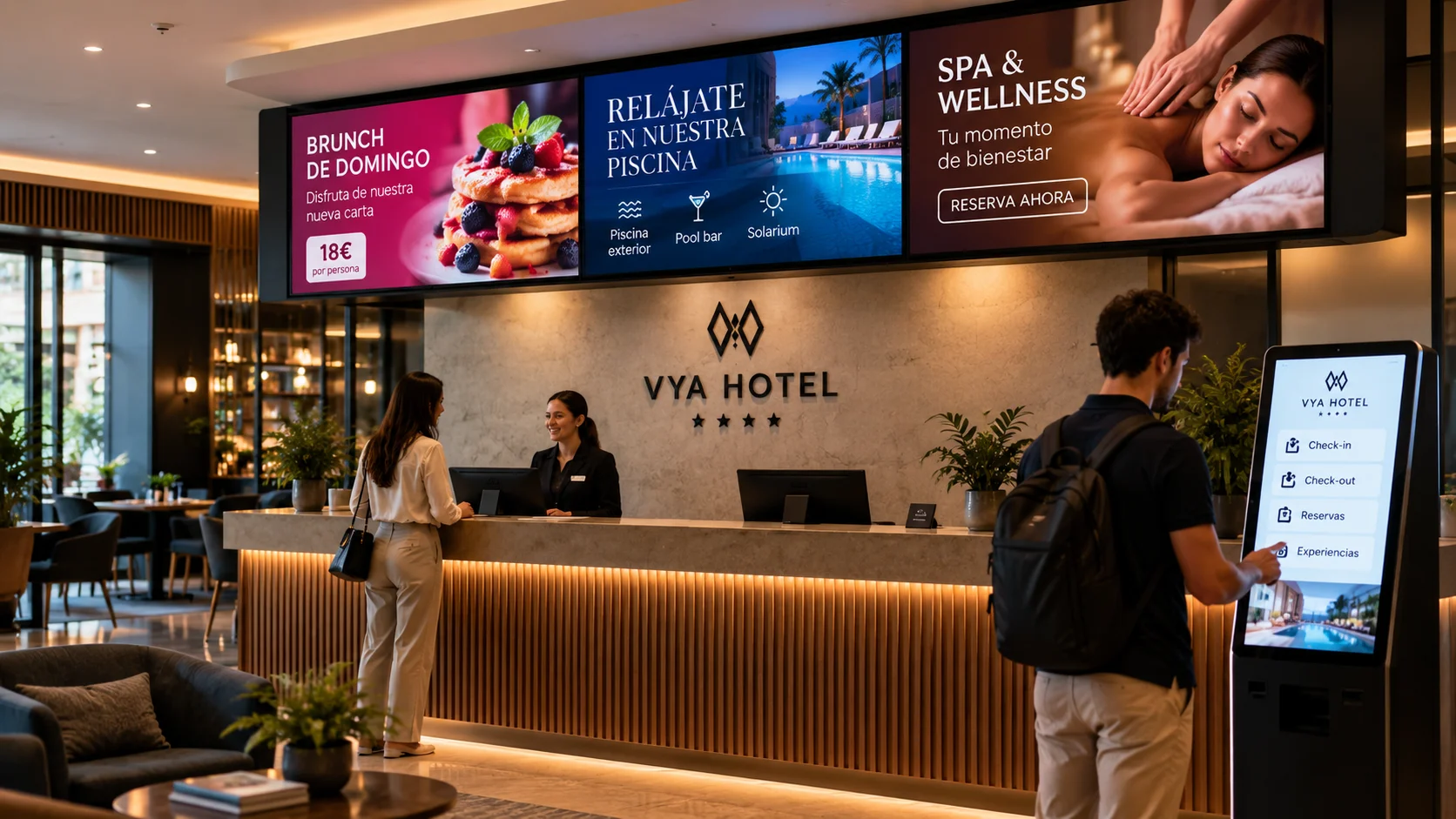 Hotel reception with promotional screens and a self-service kiosk