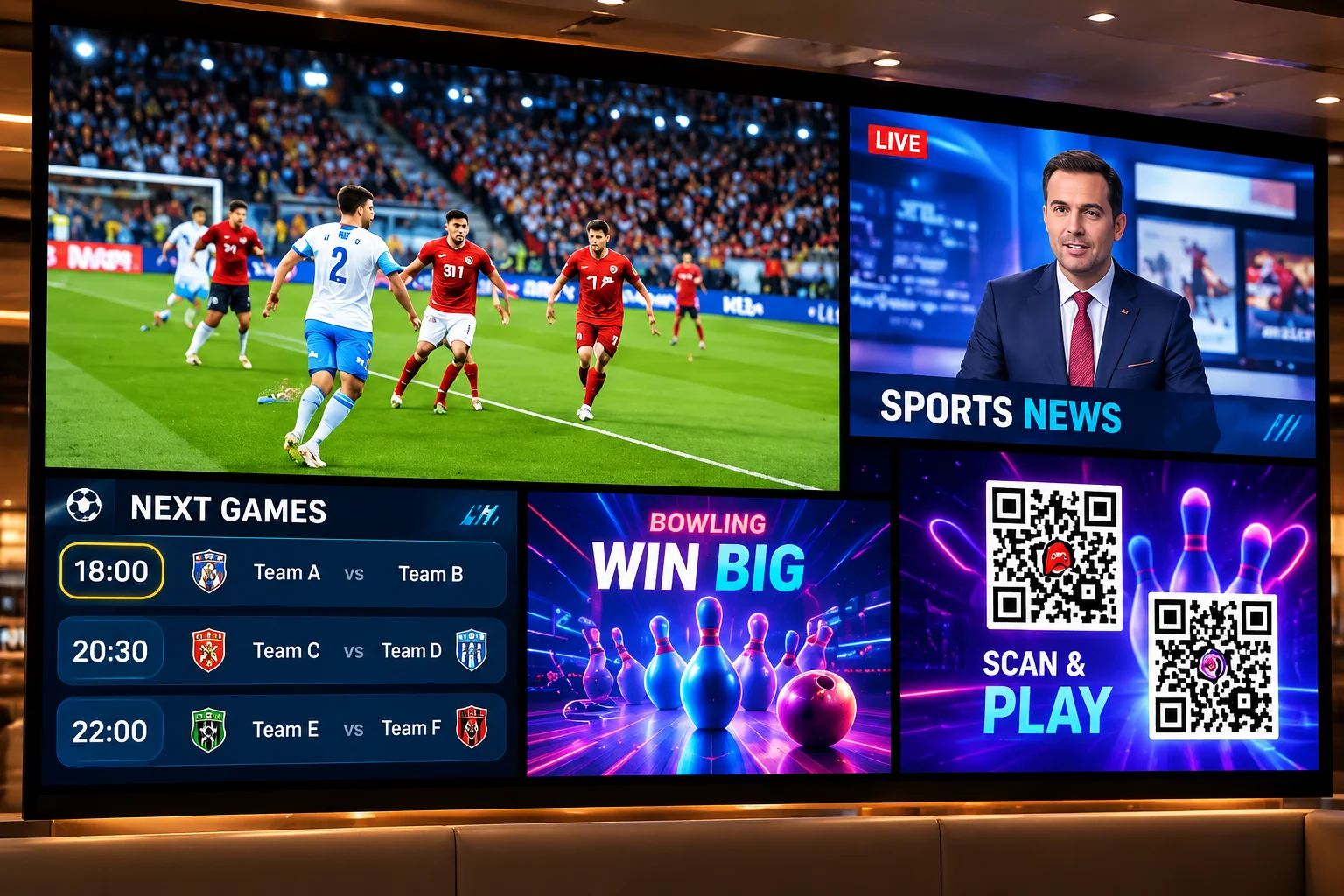 Screen layout combining live sport, news, scoring and promotions