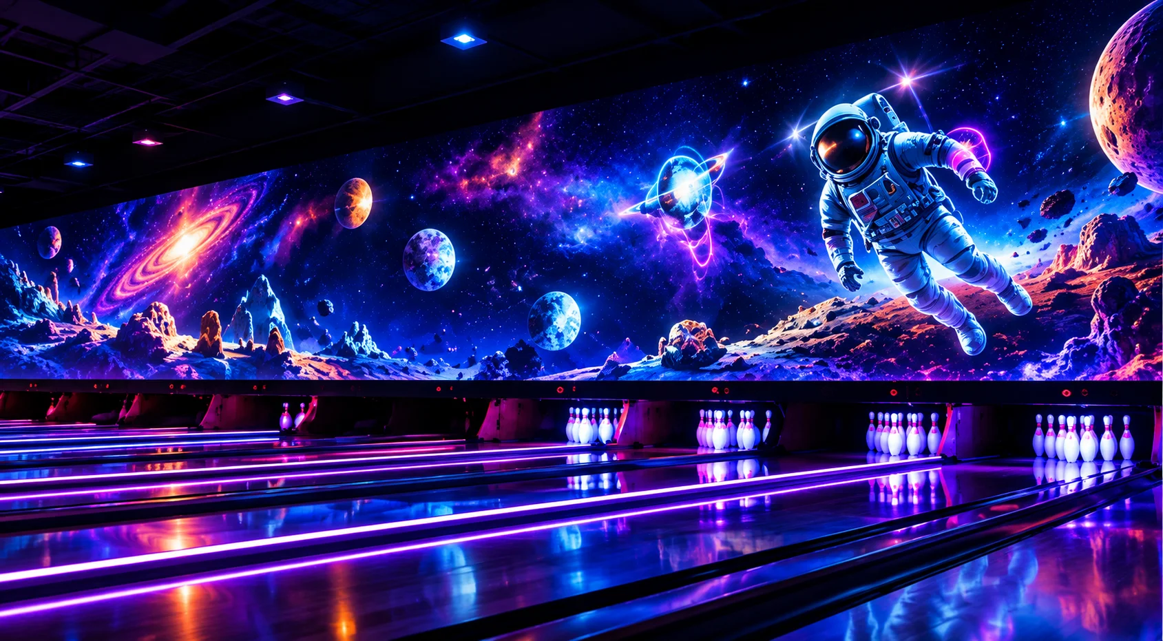 Space-themed content projected above bowling lanes