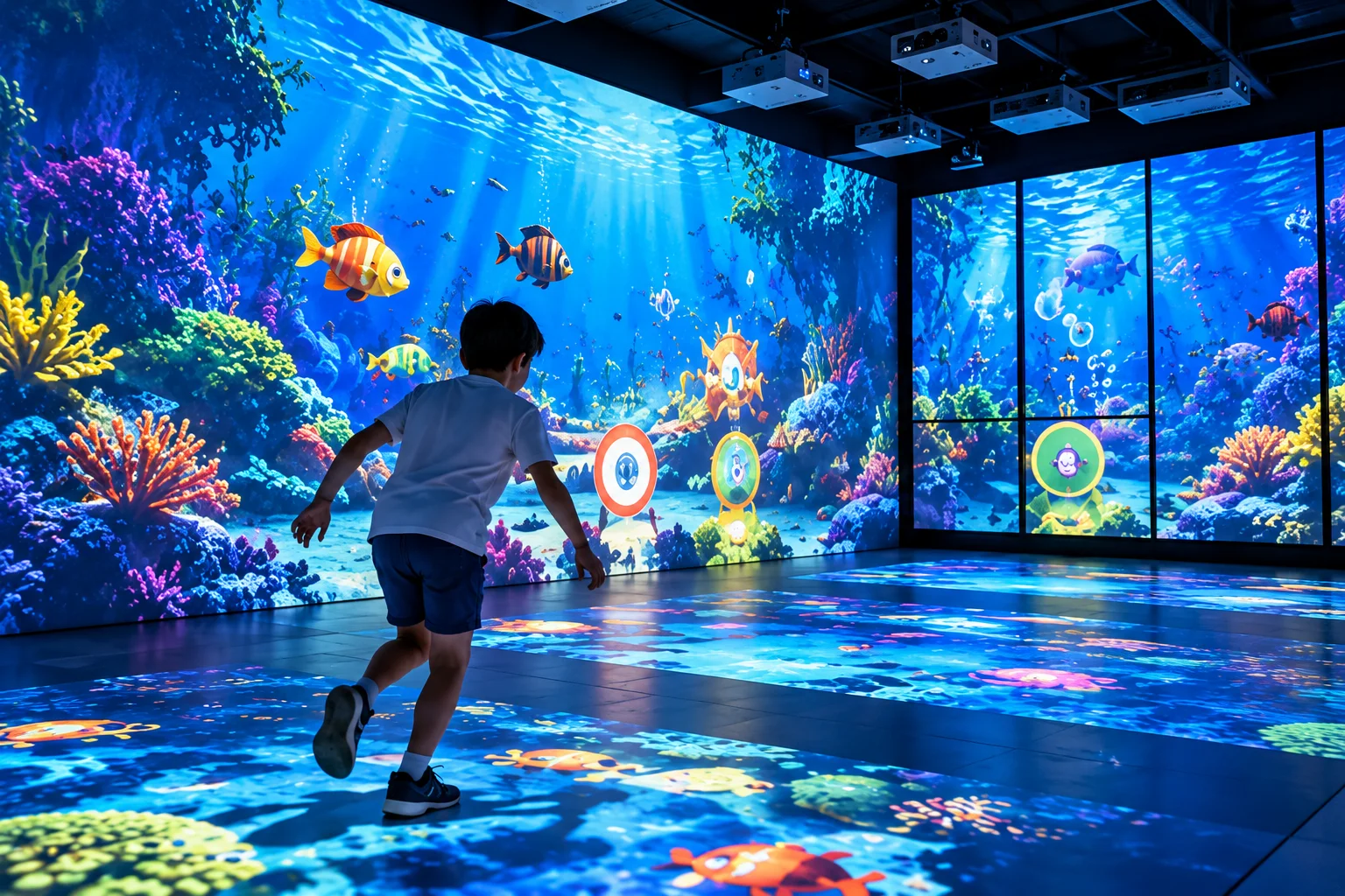Child interacting with an underwater projected environment