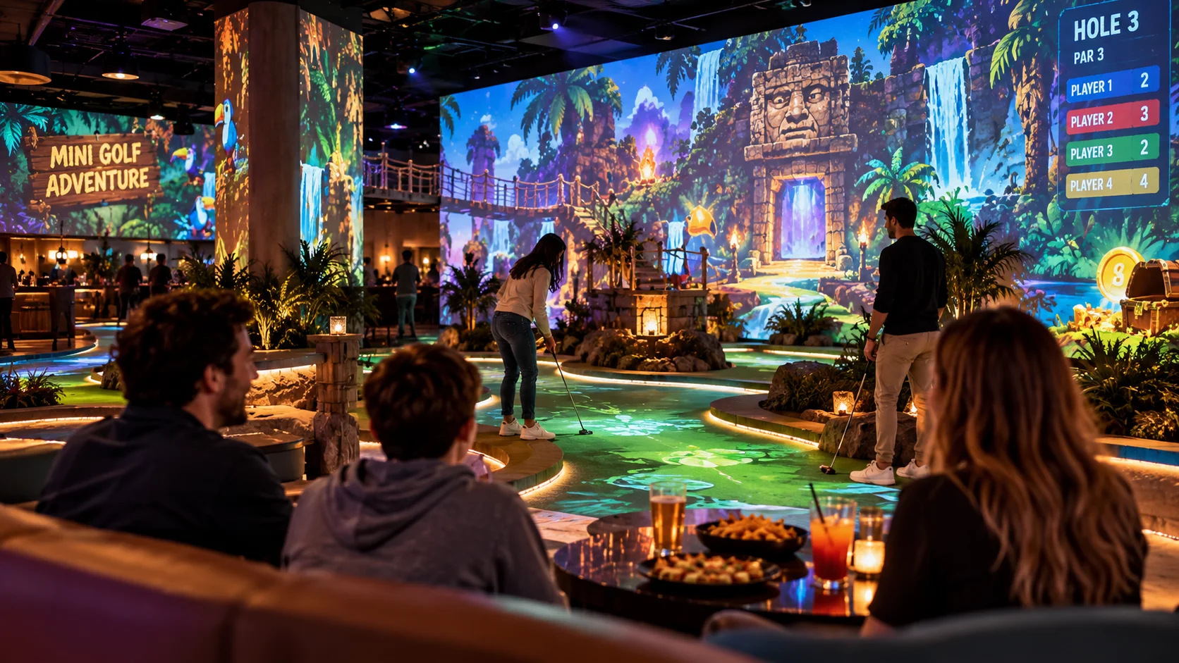 Players in a mini golf venue surrounded by jungle-themed projections