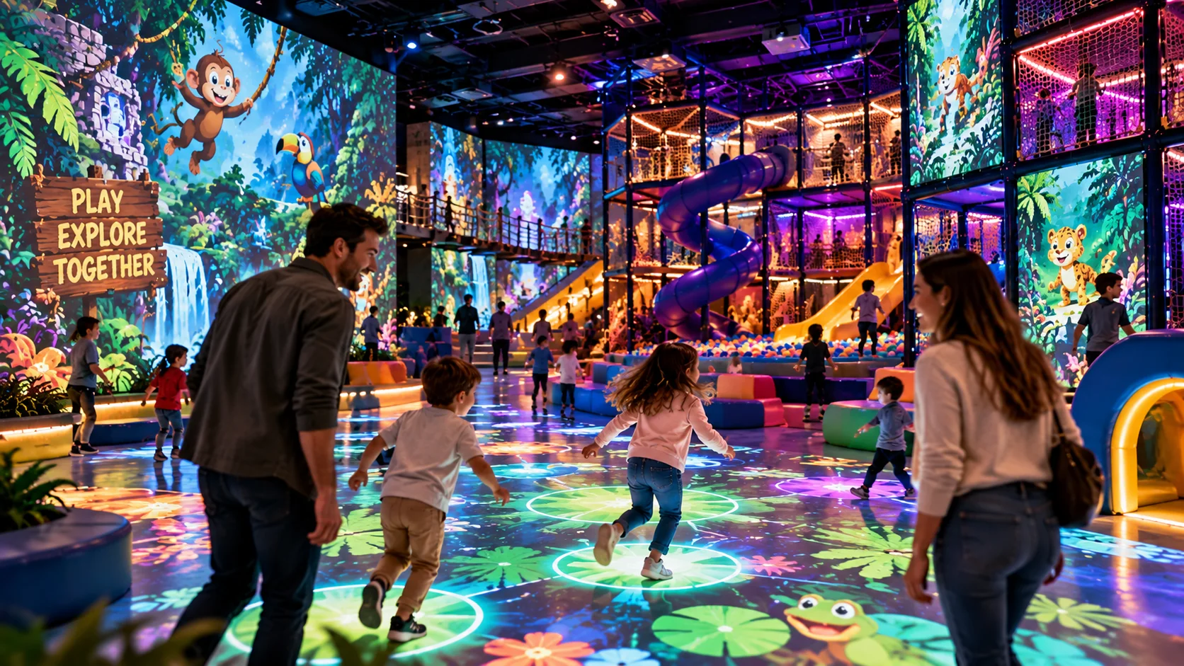 Families in an indoor playground surrounded by jungle-themed projections