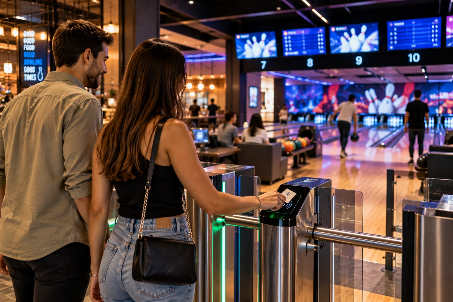 Customer using an access reader at a bowling venue