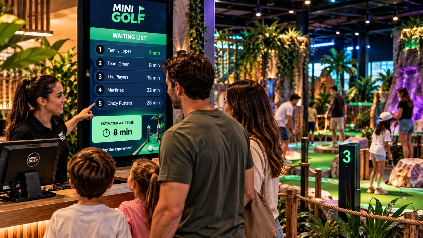 Family viewing a mini golf waiting list and estimated wait time