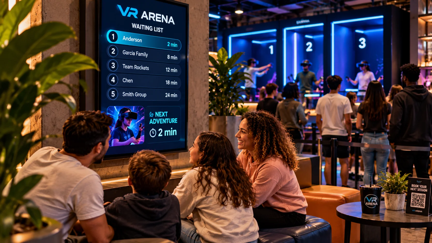 Family seated beside a virtual reality waiting list display