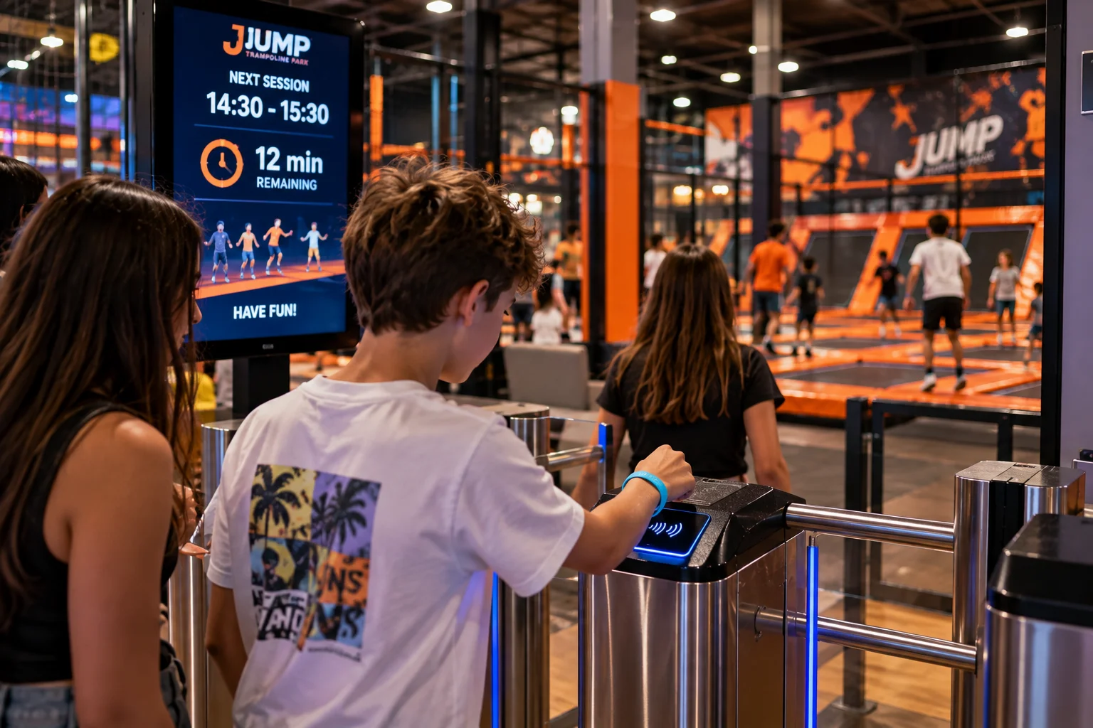 Session time displayed at the entrance to a trampoline park