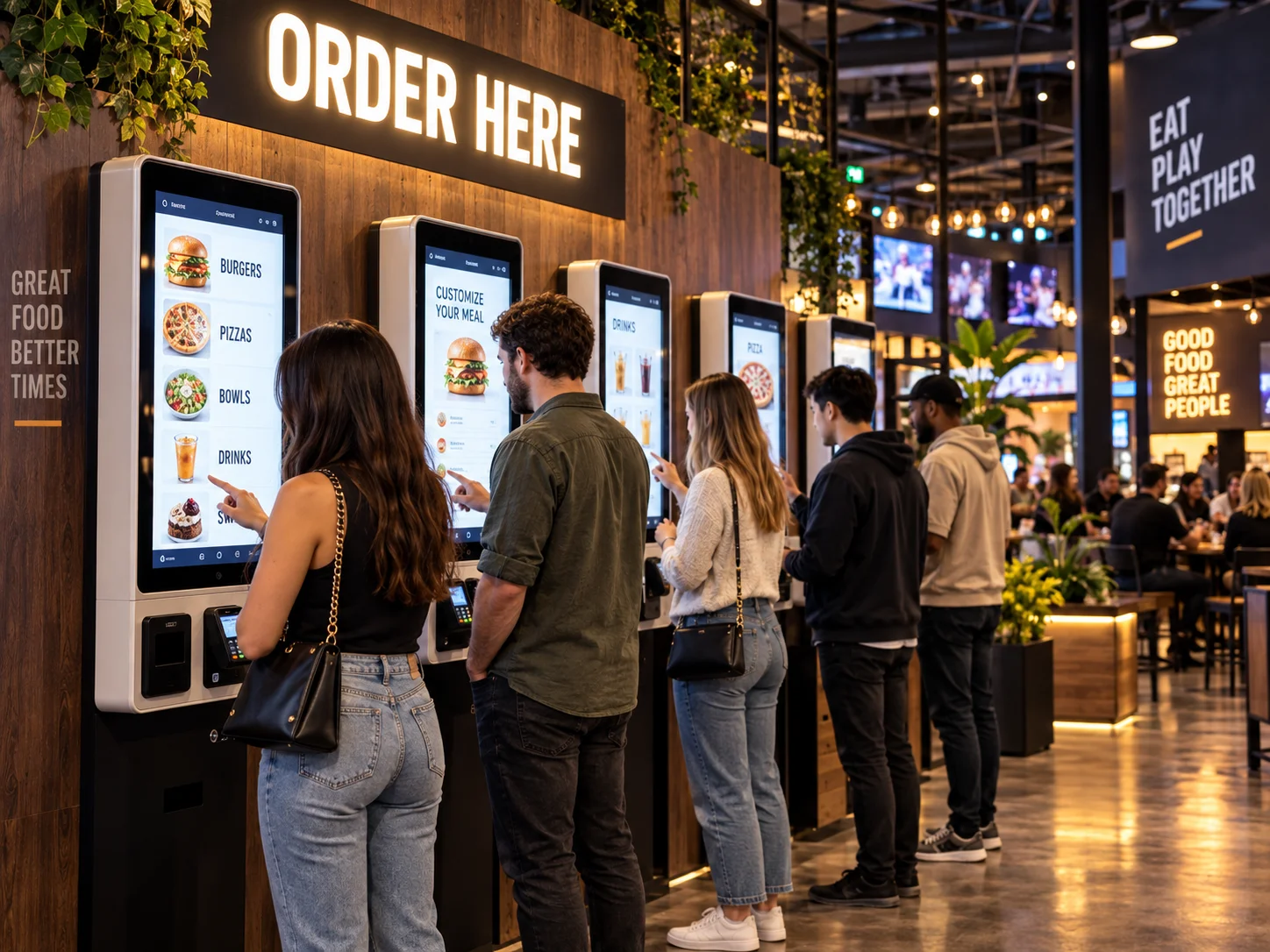 Customers using self-service kiosks