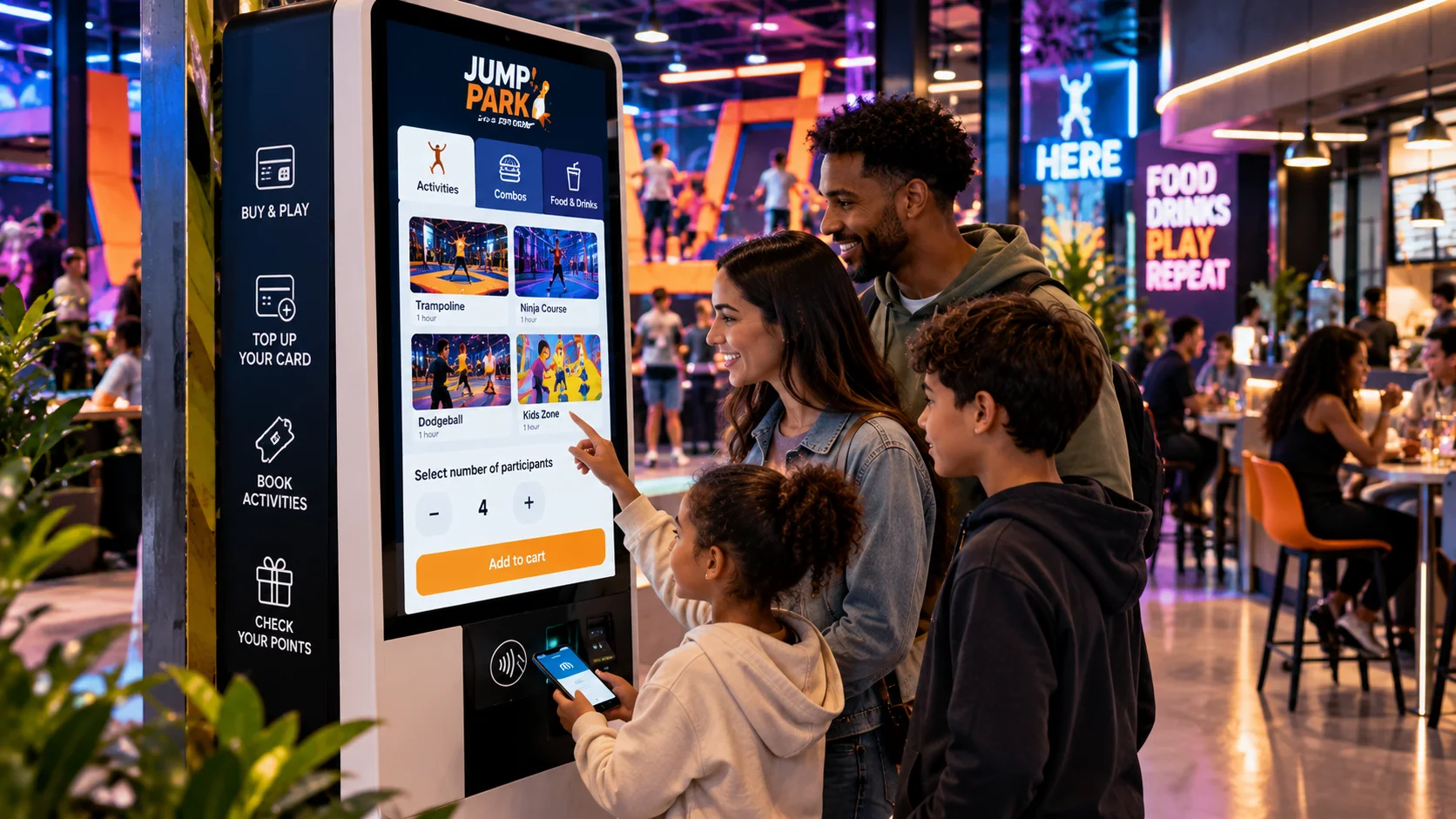 Family selecting an activity at a self-service kiosk in a trampoline park