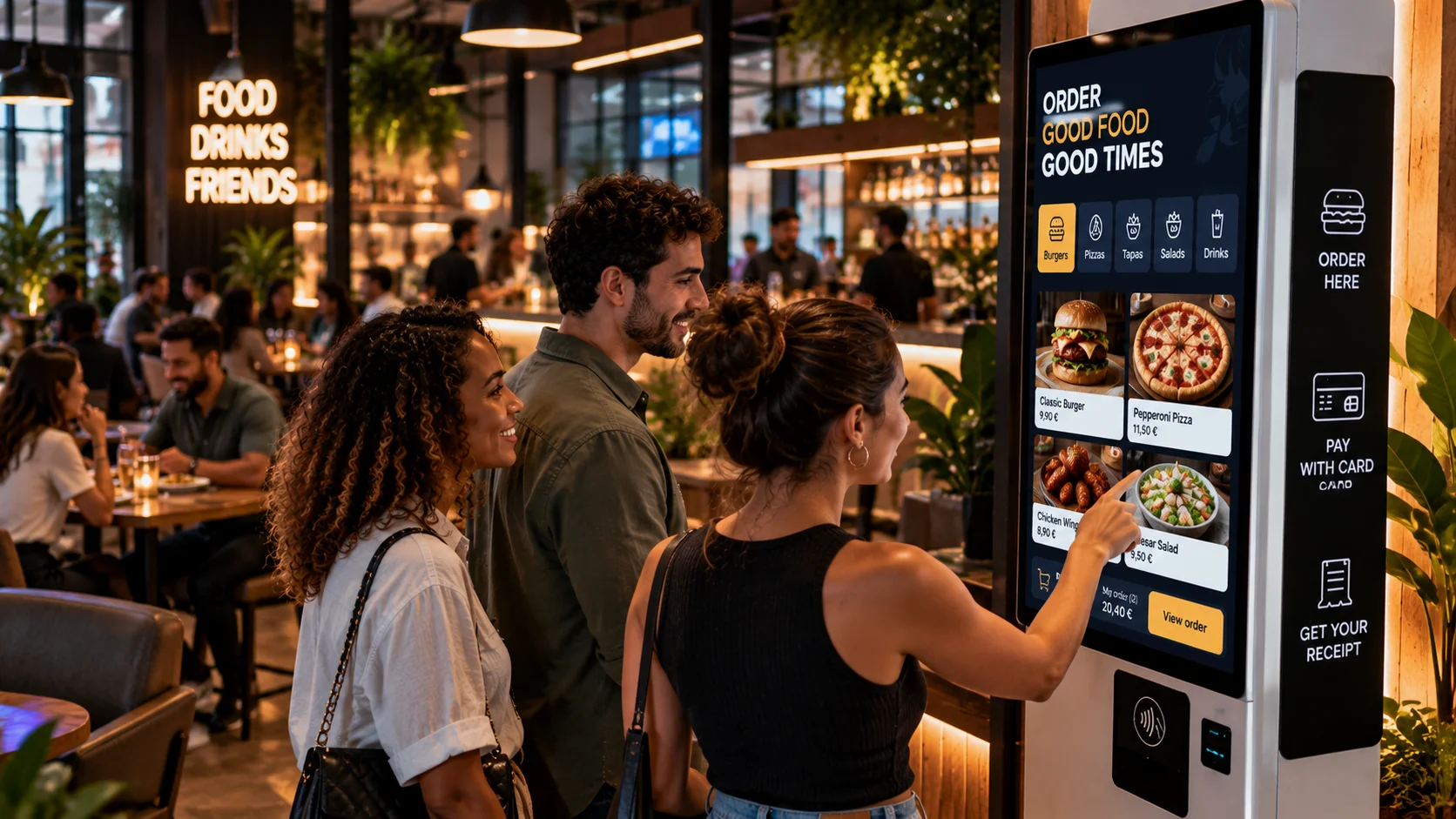 Customers ordering at a self-service kiosk in a restaurant