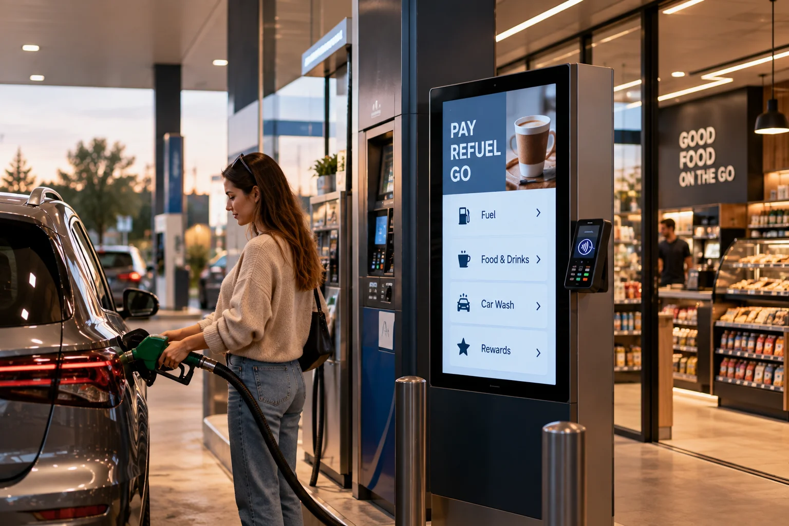 Customer refuelling beside a digital terminal at a service station