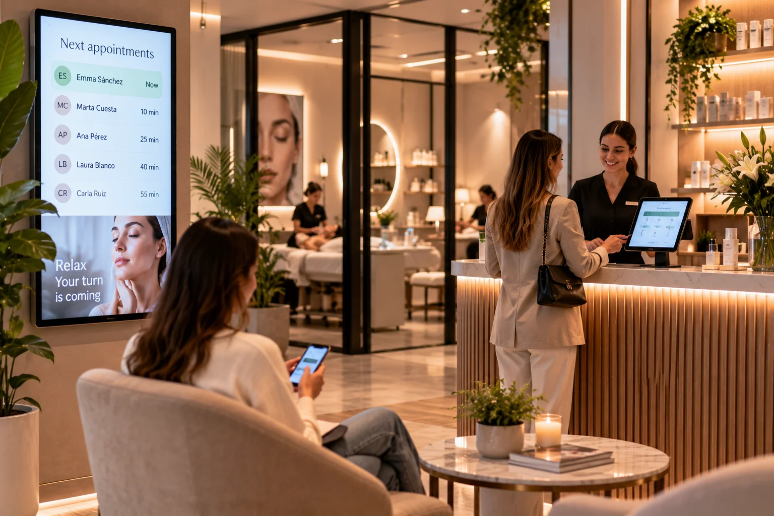 Customer at a beauty salon reception beside an appointment screen