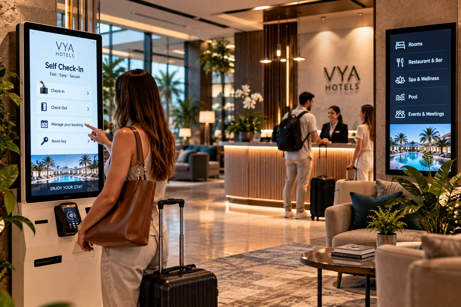 Guest using a self-service kiosk in a hotel lobby
