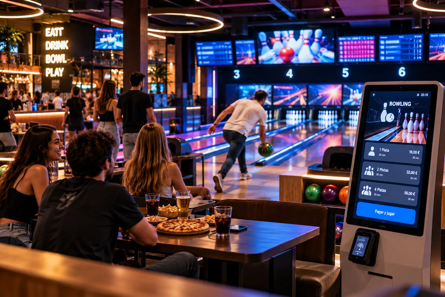 Bowling venue with customers, lanes and a self-service kiosk