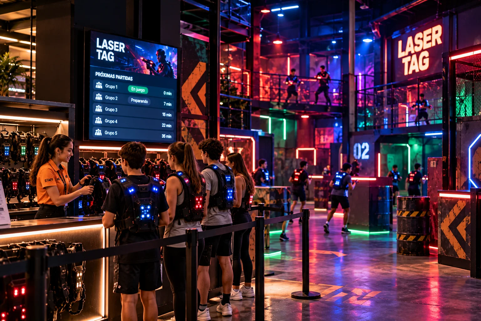 Players preparing for a laser tag game beside a digital schedule