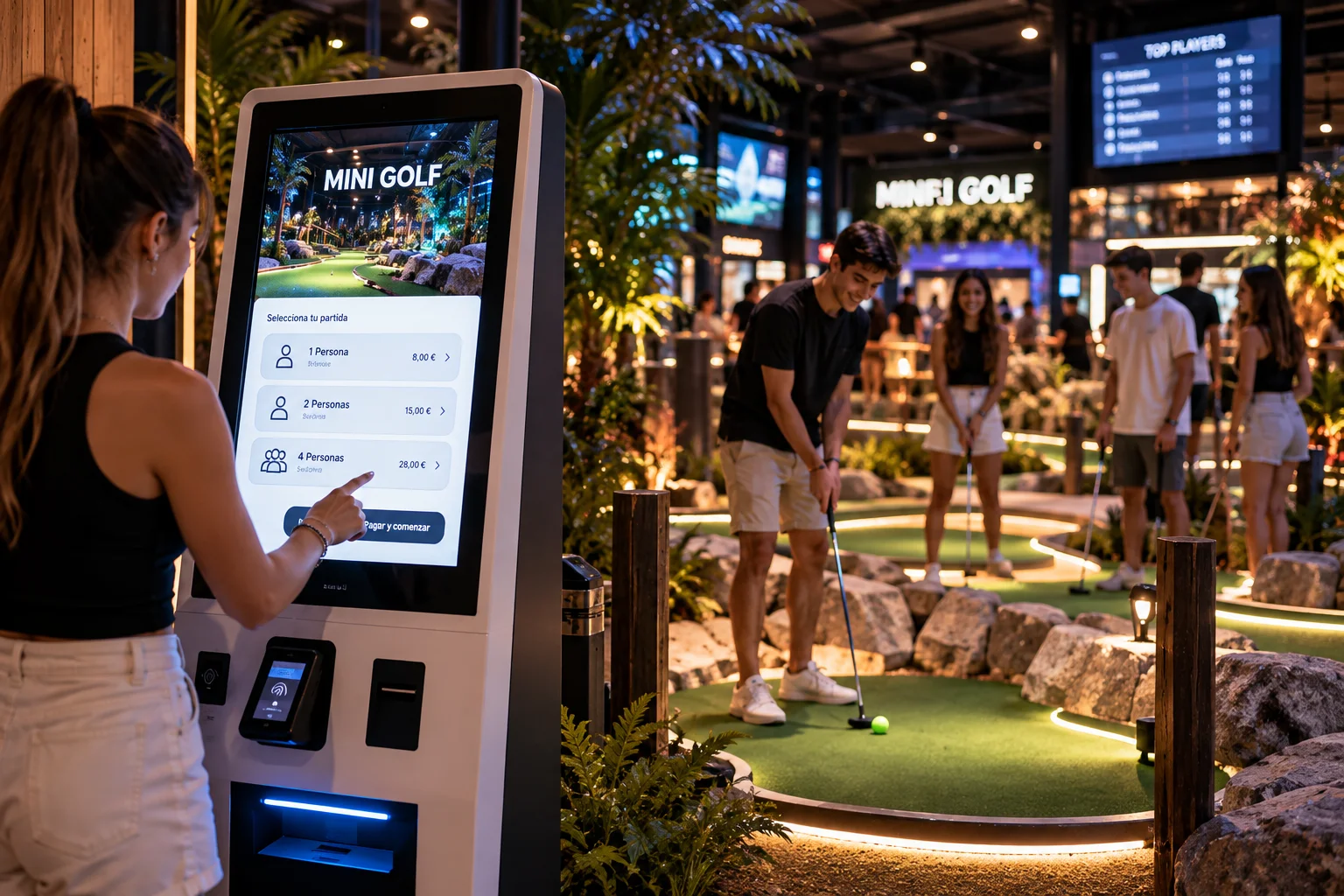 Customer selecting a mini golf game on a self-service kiosk