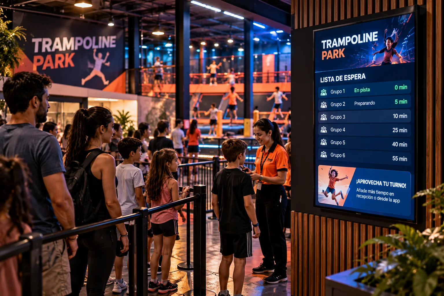 Families waiting at a trampoline park beside a waiting-time screen