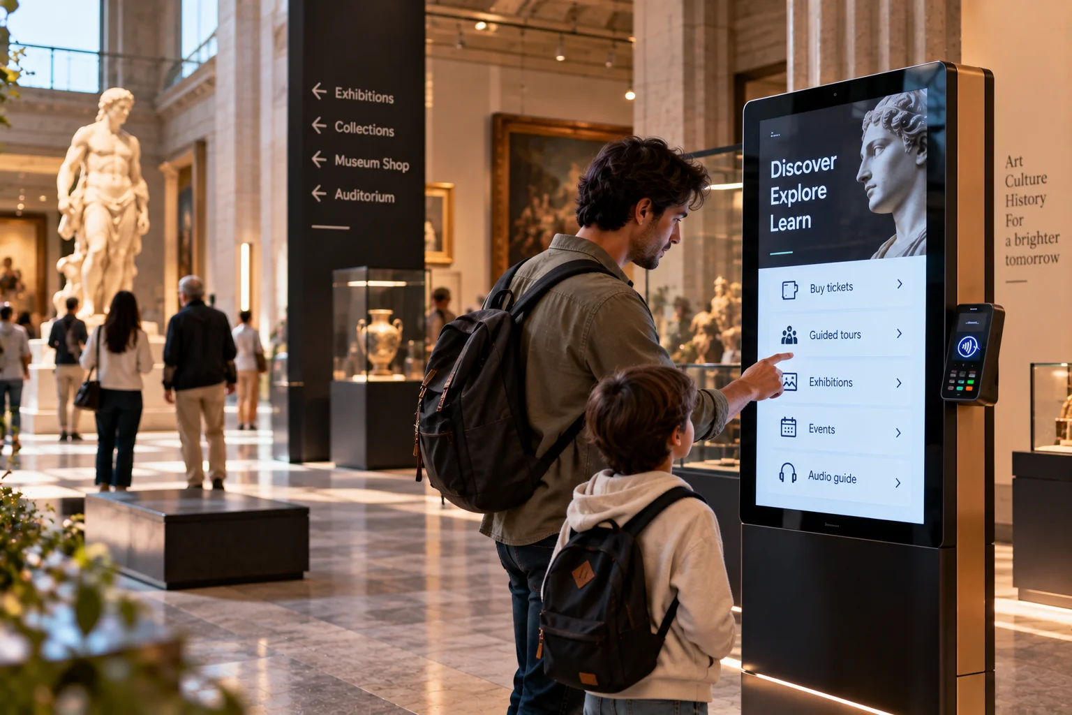 Adult and child using an interactive kiosk in a museum