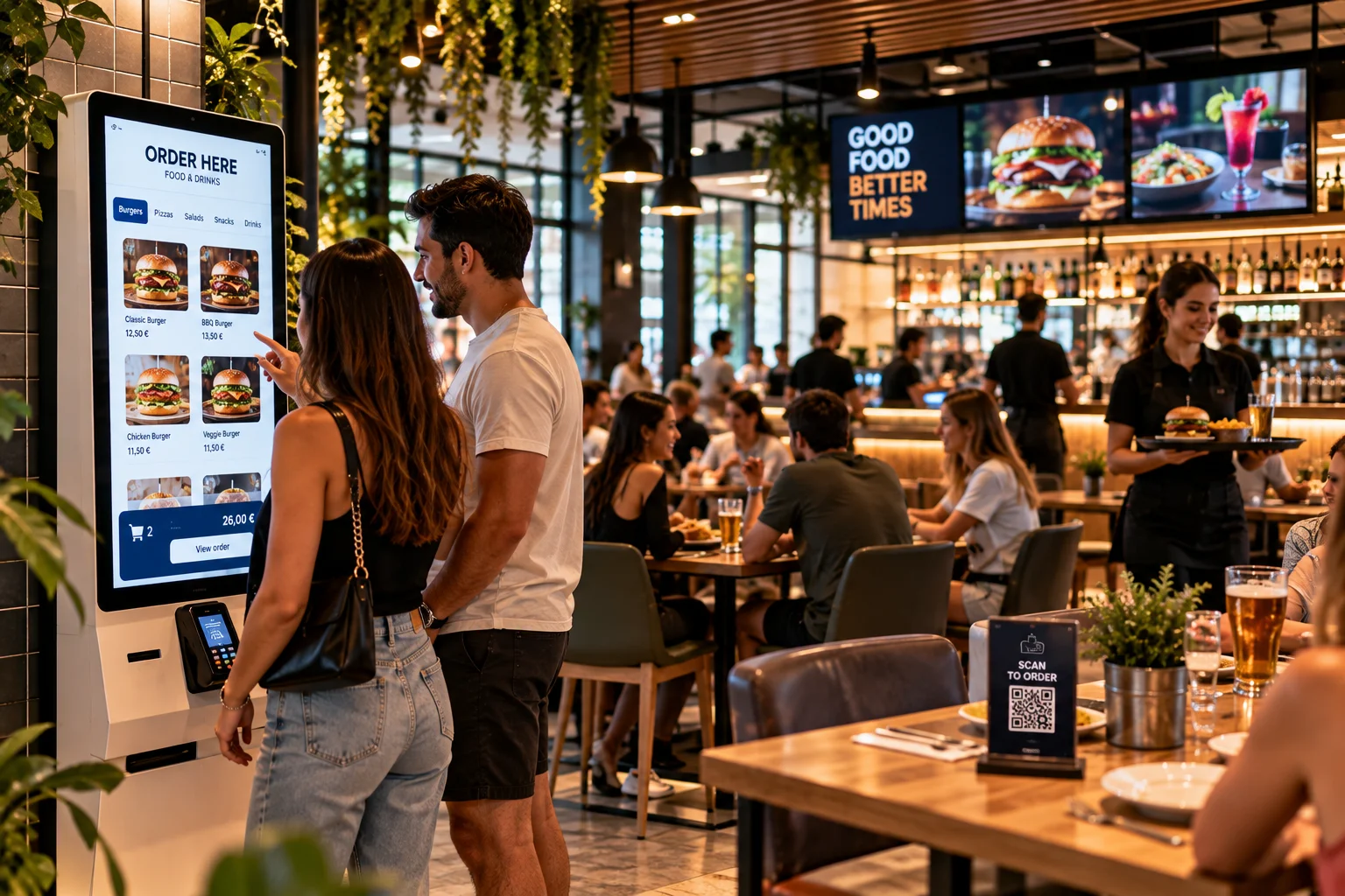 Customers using an ordering kiosk in a restaurant