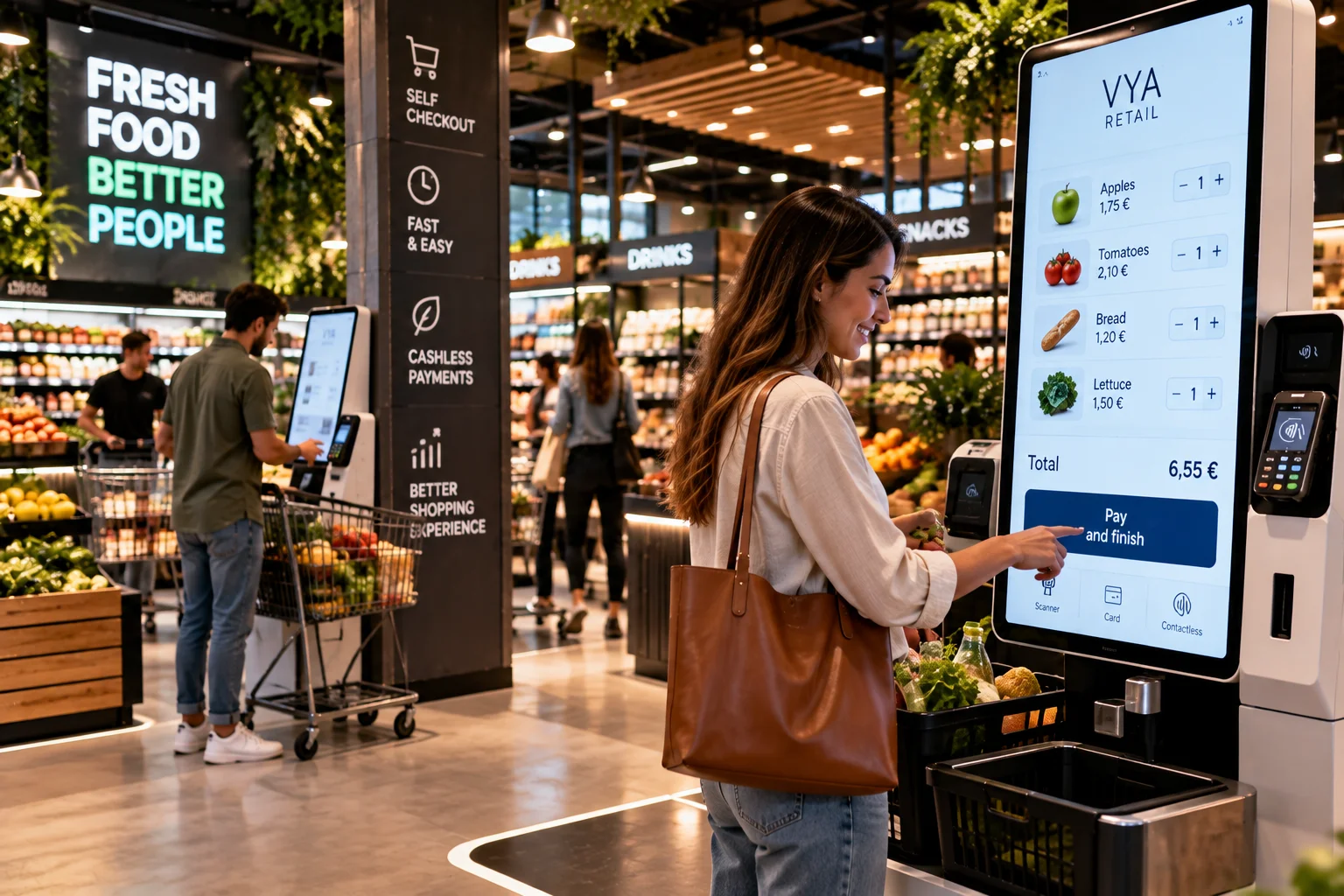 Shopper using a self-checkout kiosk in a supermarket