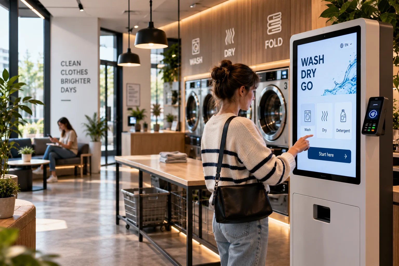 Customer using a self-service kiosk in a laundrette